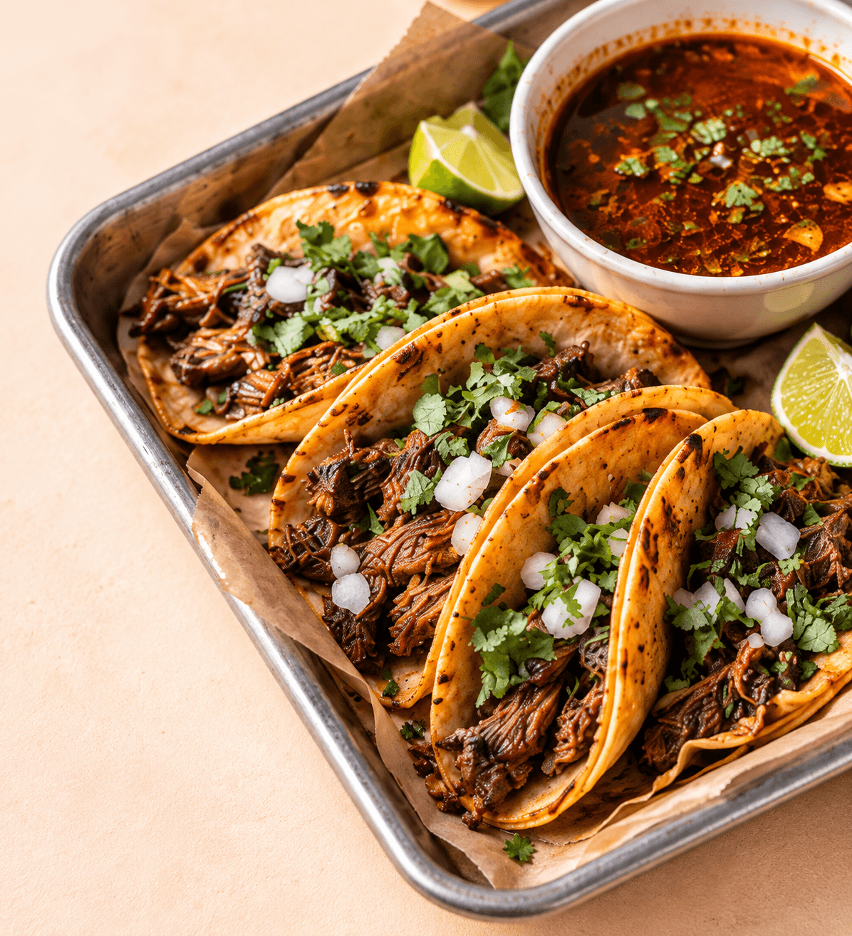 Birria tacos with lime and consommé